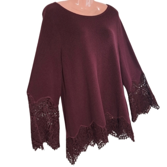 Chico's Women's Long Sleeve Burgundy Blouse/Sweater Ribbed Lace Size 2P … - Picture 4 of 16